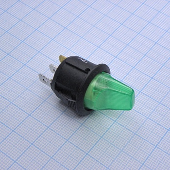 DS RWB-224 зел 12V - 2 положения клавиши, 1 группа контактов на замыкание 250VAC 6A, ширина контакта 4.8мм, зеленая подсветка 12В