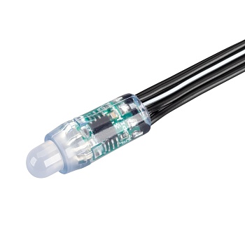 Герметичный управляемый модуль DMX-UVR-D12 5V RGB (0.3W, IP67, 90deg) 039171 - Управляемый светодиодный модуль DMX, цвет свечения RGB, микросхема UCS512, напряжение 5 В, мощность 0.3 Вт, 1 светодиод DIP 8 мм, угол 90°. 50 шт на проводе, расстояние между м