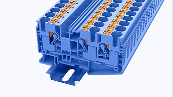 Проходная клемма DS10-TW-01P-12 - Проходная клемма, 3 точки подключения, тип фиксации провода: Push-in, номинальное сечение: 10 мм кв., 57A, 1000V, ширина: 10,2 мм, цвет: синий, втычная перемычка, тип монтажа: DIN35