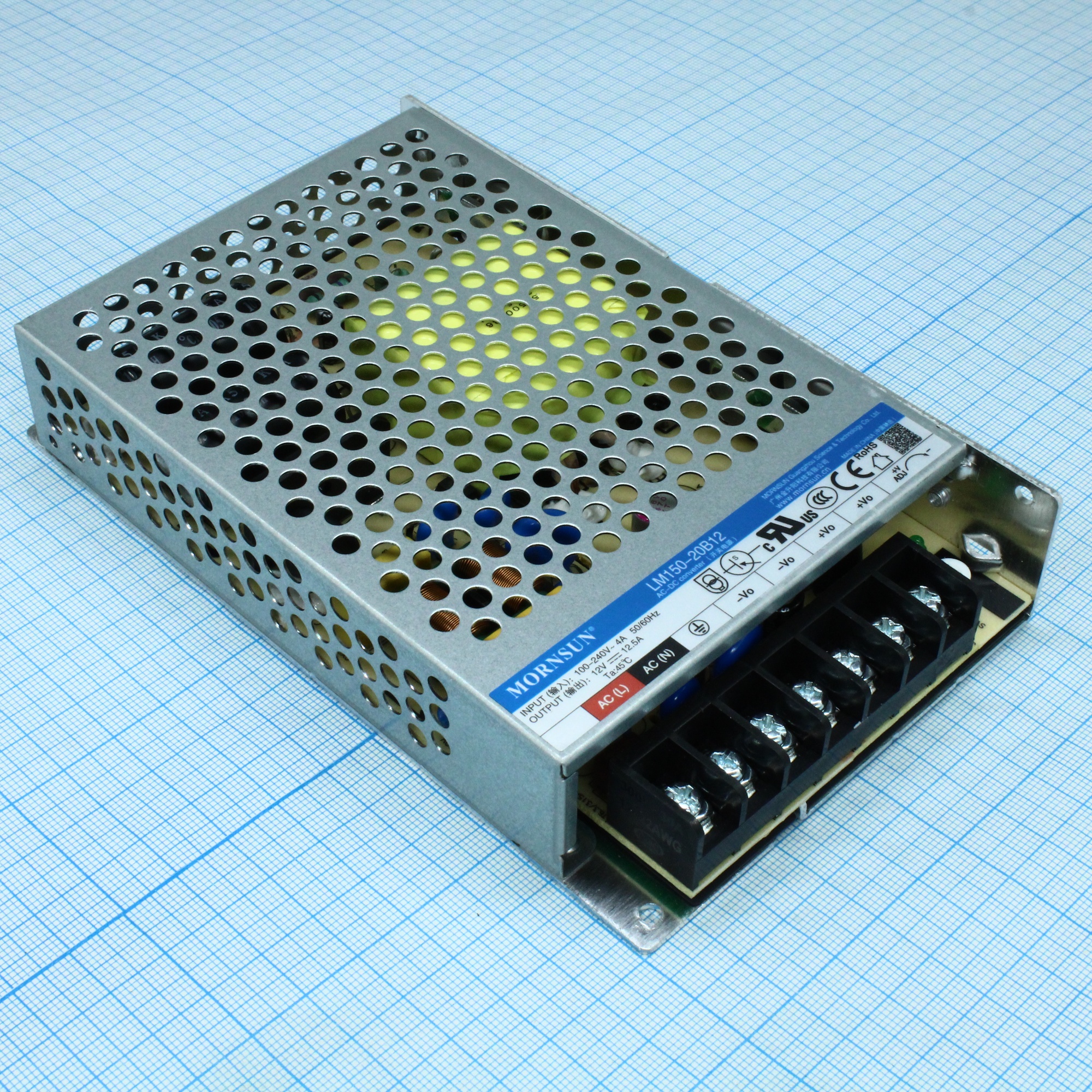 LM150-20B12 - AC-DC, 150Вт, вход 85...264В AC 47...63 Гц, выход 12В/12.5А, изоляция 4000В AC, в корпусе на шасси, -30...+70°C