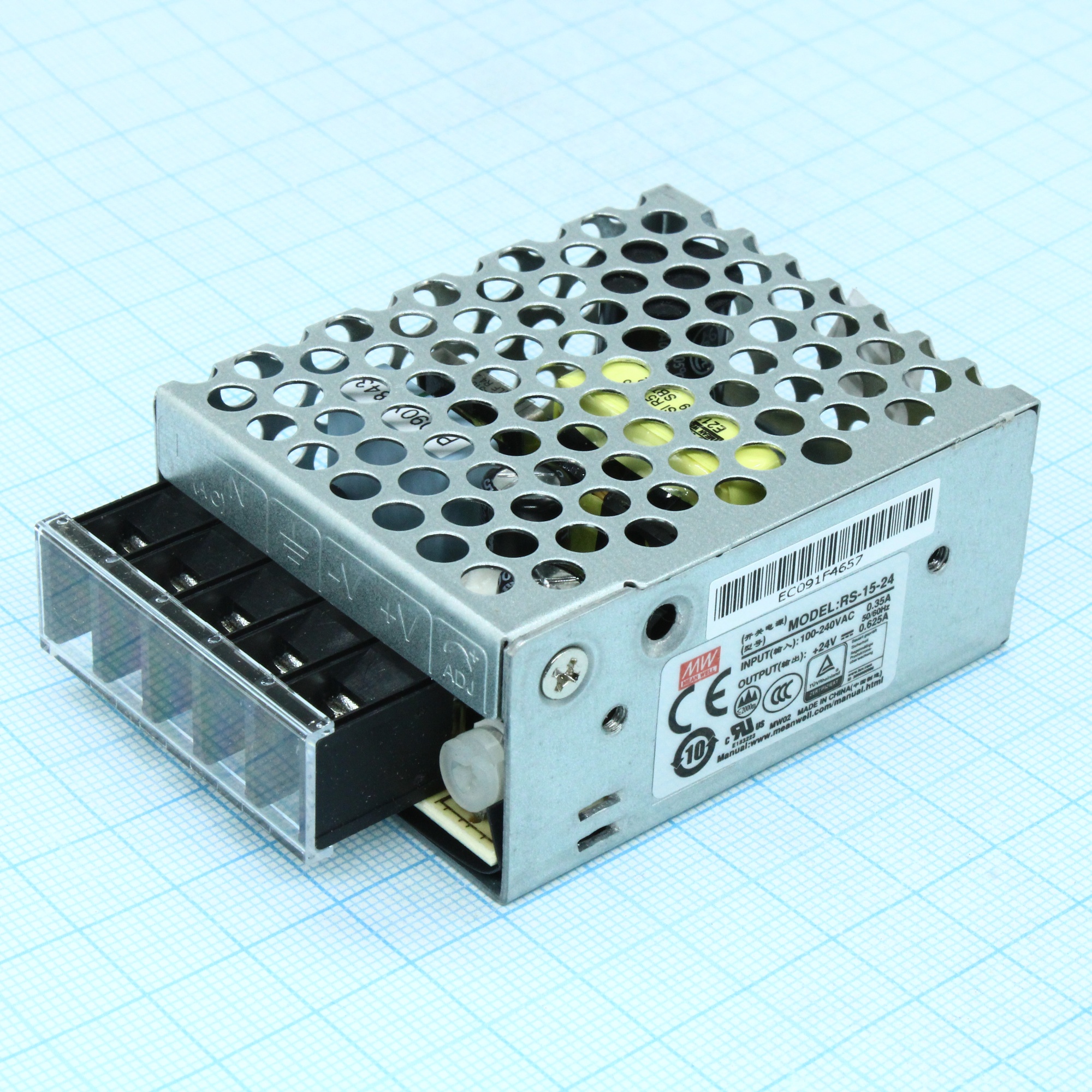 RS-15-24 - AC-DC, 15Вт, выход 24В/0.625A, рег. вых 21.8…26.4 В , вход 88…264В AC, 47…63Гц / 125…373 В DC,  изоляция 3000В AC, в кожухе 62,5х51х28мм, -20…+70°С