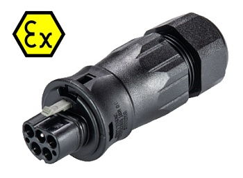 Разъем RST20I5SXS1 ZR2SV  BL07 - Взрывозащищенный вилочный разъем на кабель диам. 13-18 мм, IP68(69k), 5 полюсов, винтовая фиксация провода, номинальные характеристики: 250/400V+РЕ, 20A, цвет: черный, серия RST Ex