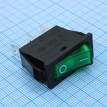 RK1-11 1X1 B/G"0-" - Выключатель клавишный ON-OFF без подсветки цвет корпуса (черный) цвет кнопки (зеленый)