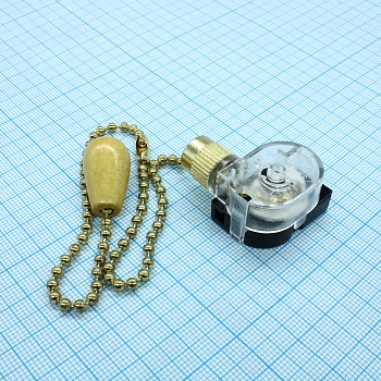 Выключатель для настенного светильника - 220В, 3А, длина цеп.=270мм, длина пров.=120мм, цвет - Gold, с деревянным наконечником