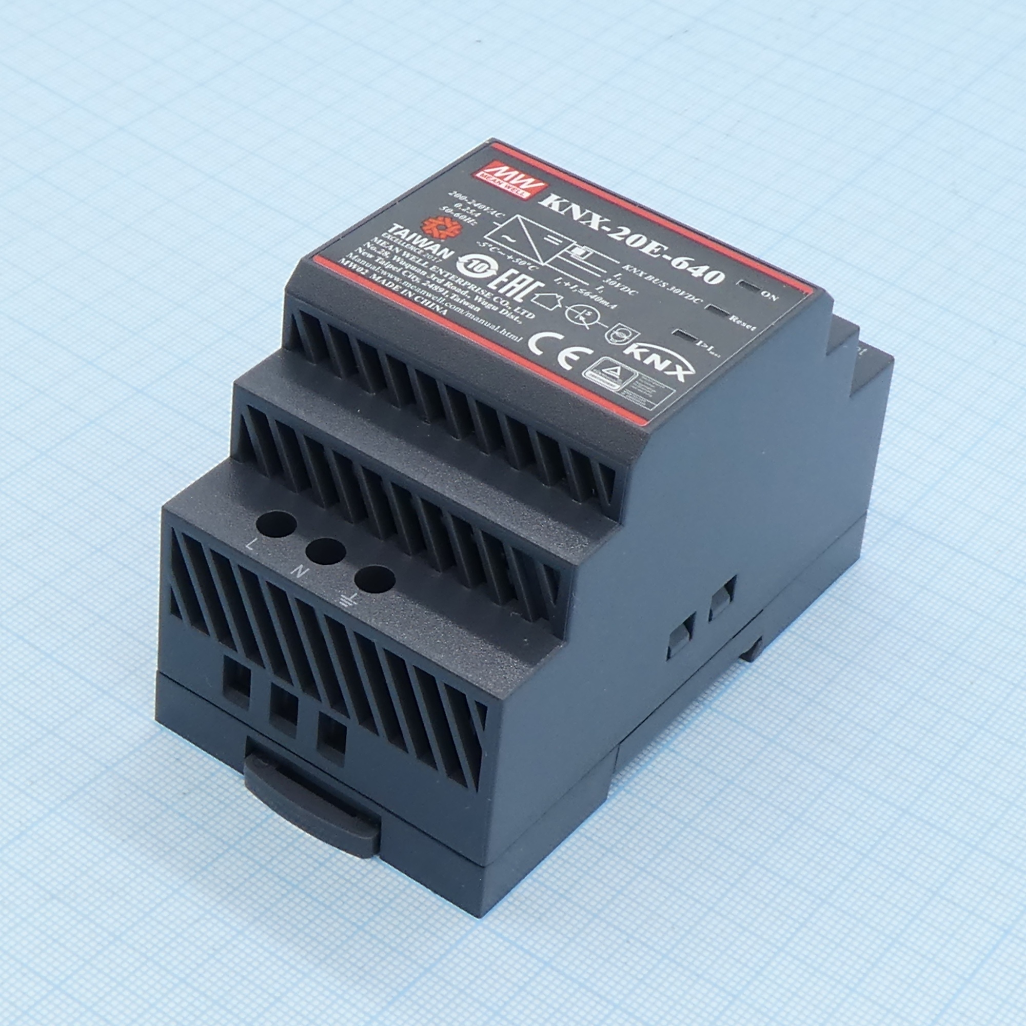 KNX-20E-640 - AC-DC для системы KNX, 19.2Вт, вход 180…264V AC, 47…63Гц /254…370В DC, выход 30В/640мA, интегр. шина KNX, изоляция 3750В AC, пласт. корпус на DIN-рейку 54х90х55мм, -30…+70°С