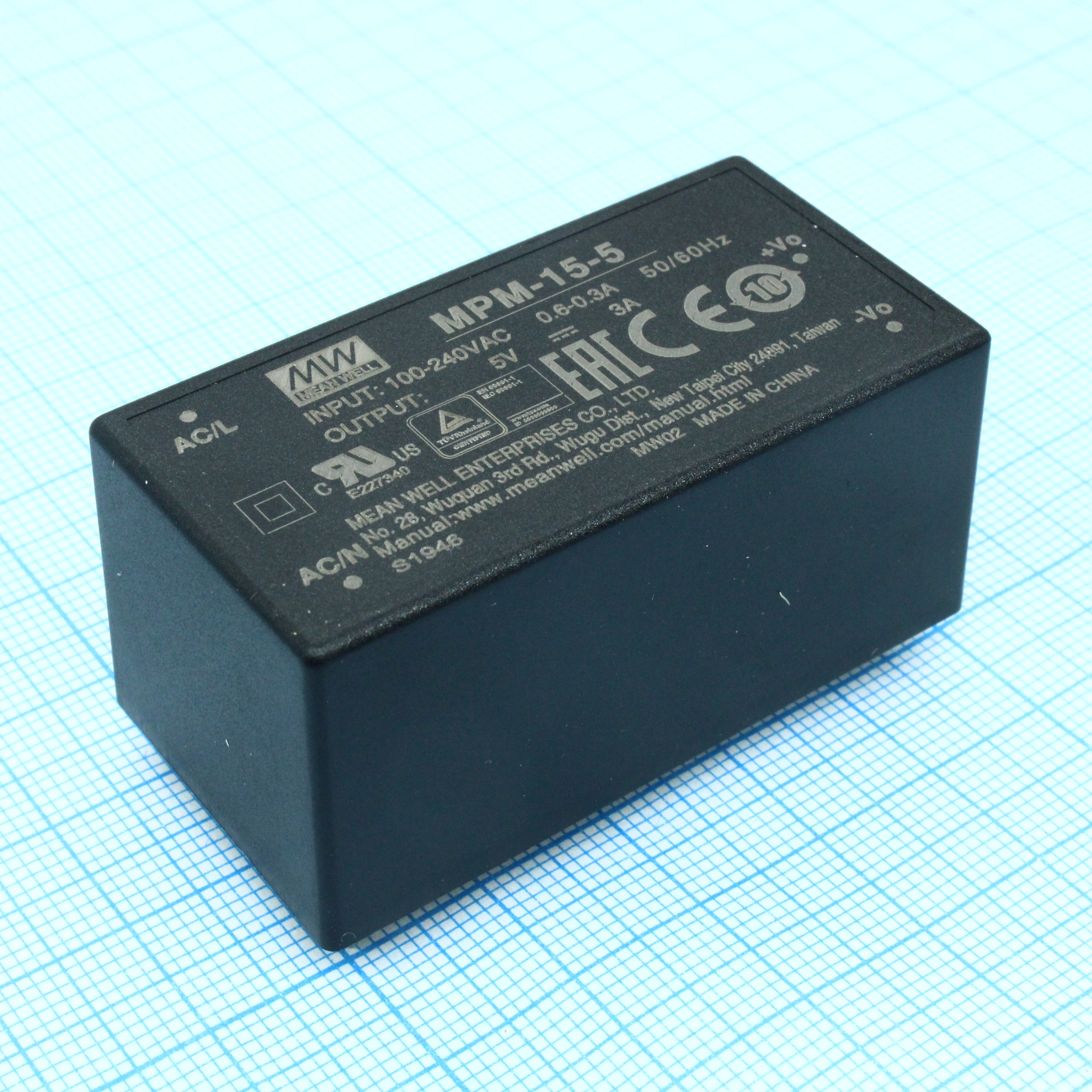 MPM-15-5 - AC-DC med, 15Вт, вход 80...264В AC 47...440 Гц, выход 5В/3А, изоляция 4000В AC, на плату, 52.4х27.2х24мм, -40...+85°C