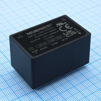 LD10-23B12R2 - AC-DC, 10Вт, вход 85…305В AC 47…63 Гц, 100…430B DC, выход 12В/0.83А, изоляция 4000В AC, КПД 84%, в корпусе на плату 40х25.4х21мм, -40...+85°C