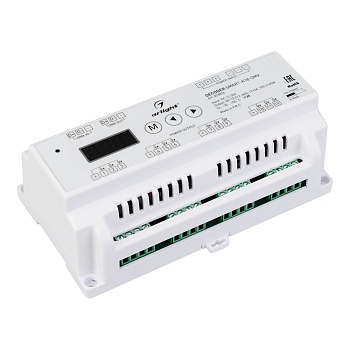 Декодер SMART-K18-DMX (12-36V, 12x5A) 023826 - Декодер DMX512 для трансляции DMX512 сигнала ШИМ(PWM) устройствам. Питание 12-36VDC. 12 каналов, ток нагрузки 12x5A, мощность нагрузки 720-1440-2160W. Входной сигнал DMX512, выходной сигнал ШИМ(PWM). Цифровой