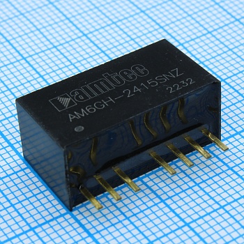 AM6GH-2415SNZ - DC/DC, 6Вт, вход 9…36В, выход 15В/0.4А, изоляция 1600В DC, КПД 87%, максимальная емкостная нагрузка не более 220мкФ, вход On/Off, SIP8, 22x9.5x12мм, -40…105°C, пластик