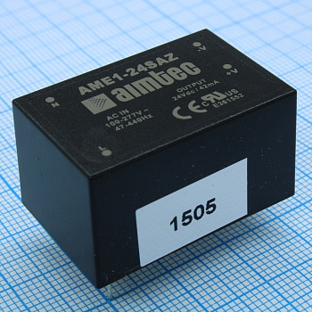 AME1-24SAZ - AC/DC, 1Вт, вход 90…305В, выход 24В/0.042А, изоляция 3000В AC, КПД 78%, максимальная емкостная нагрузка не более 470мкФ, 35.6x23.31x19.32мм, -40…80°C, пластик