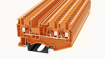 Проходная клемма DS4-TW-01P-15 - Проходная клемма, 3 точки подключения, тип фиксации провода: Push-in, номинальное сечение: 4 мм кв.,  32A, 800V, ширина: 6,2 мм, цвет: оранжевый, втычная перемычка, тип монтажа:  DIN35