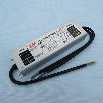 ELG-240-C700B-3Y - AC-DC, 240.1Вт, IP67, вход 100…305В AC, 47…63Гц/142…431В DC, ККМ, выход 172...343В/700мА, изоляция 3750В AC, в кожухе 244х71х37.5, -40…+85°С (корпус), димминг 3 в 1, с проводом заземления
