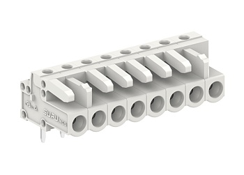 Розеточный разъем на плату 450855 - Розеточный разъем, горизонтальный, на плату, шаг: 5.0 мм, 5 полюсов, фиксация на плате пайкой, исполнение: стандартное, 320V, 12A, цвет: серый