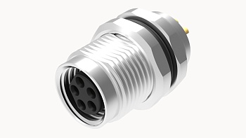 Розеточный разъем SD-M8B-05P-FF-SF7001 - Розеточный разъем в панель, 5 полюсов, M8, гайка спереди, фиксация провода пайкой, B-Code, 3А, 30V, M10*0.75, металл