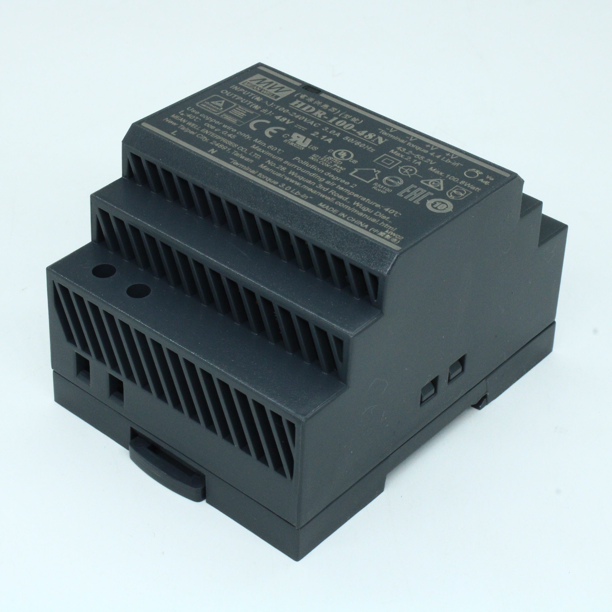 HDR-100-48N - AC-DC, 100.8Вт, вход 85...264 В AC 47...63Гц/120...370В DC, выход 48В/2.1А, рег. выхода 48…48.7В, изоляция 3000В AC, в кожухе на DIN-рейку, 70х90х54.5мм, -30...+70°С