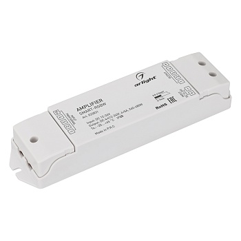Усилитель SMART-RGBW (12-24V, 4x5A) 023831 - RGBW-усилитель. Питание 12-24VDC. 4 канала, ток нагрузки 4x5A, мощность нагрузки 240-480W. Размер 175x45x27 мм.