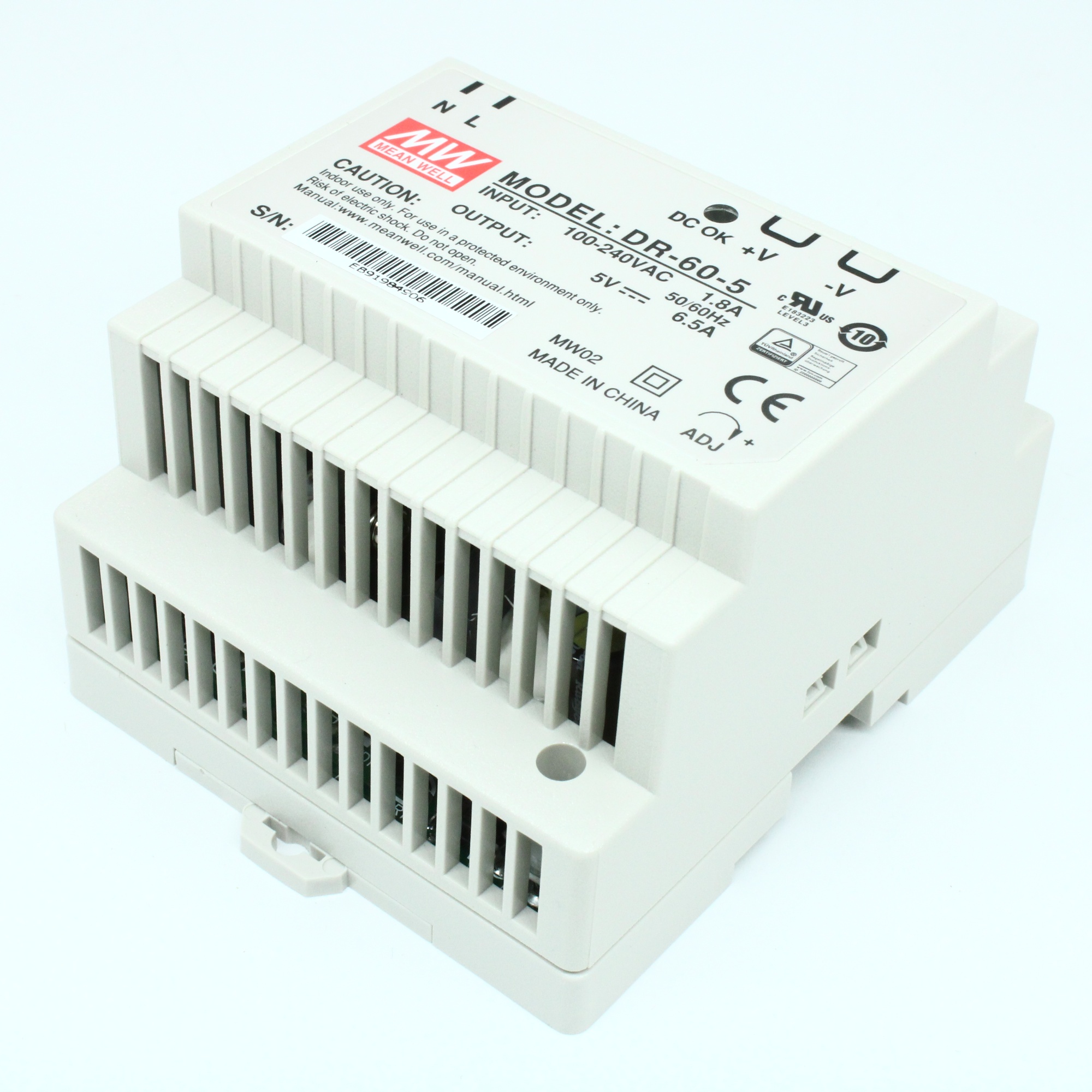 DR-60-5 - Преобразователь AC-DC на DIN-рейку  32.5Вт, выход 5В/0…6.5A, рег. вых=±10%Uном, вход 85…264V AC, 47…63Гц /120…370В DC, изоляция 3000В AC,в кожухе  78х93х56мм, -20…+50°С