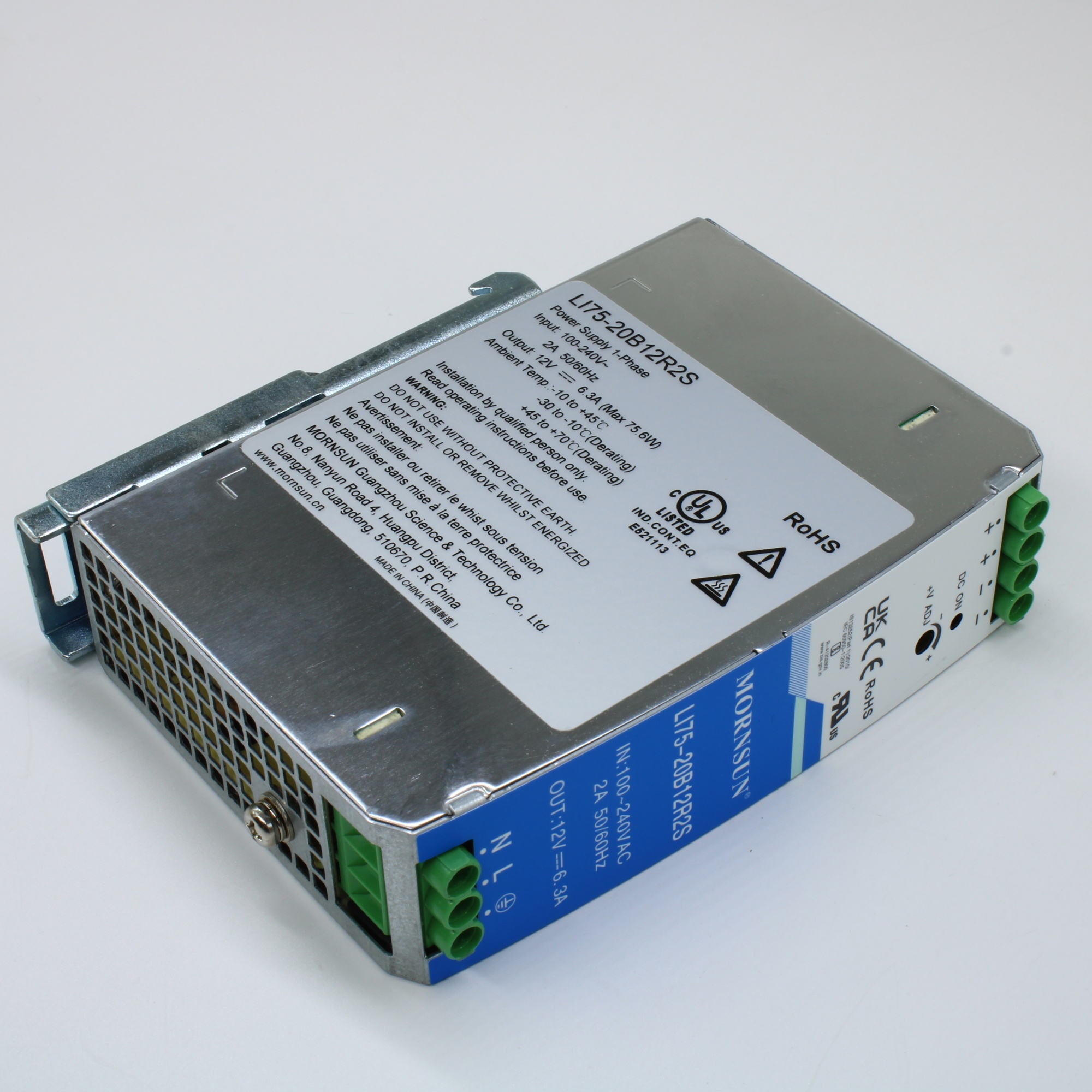 LI75-20B12R2S - Преобразователь AC-DC на DIN-рейку  75Вт, выход 12В/6.3A, вход 90…264V AC, 47…63Гц изоляция 4000В AC -30…+70°С