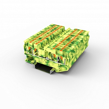 Заземляющая клемма UPT-2.5/2-2PE - Заземляющая клемма, 4 точки подключения, тип фиксации провода: Push-in, номинальное сечение: 2,5 мм кв., 800V, ширина: 5,2 мм, цвет: желто-зеленый, тип монтажа: DIN35