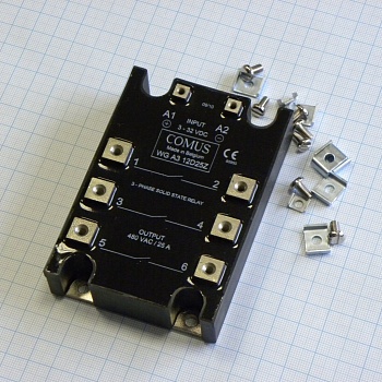 WGA3-12D25Z - Реле твердотельное для коммутации переменного тока трехфазное 480В 25А, вход 3-32В DC 25мА, изоляция 4кВ, схема перехода через ноль, нормально открытое, встроенная снабберная цепь, -20...+80°C