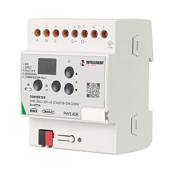 INTELLIGENT ARLIGHT Конвертер KNX-DALI-301-62-DT6/DT8-DIN (230V) 037726 - Конвертер (шлюз) KNX-DALI. Позволяет управлять исполнительными устройствами DALI из шины KNX. Установка на DIN-рейку. Конфигурация из ETS. 1 линия DALI на 64 устройства. Управление 