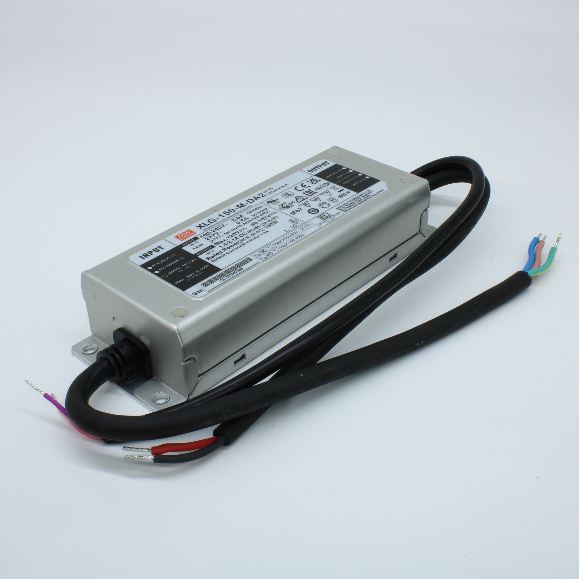 XLG-150-M-DA2 - AC-DC, 150Вт, вход 100…305В AC, 47…63Гц/142…431В DC, выход 60…107В/1400мА, рег. вых 700…2100мА, изоляция 3750В AC, в корпусе 180х63х35.5мм, -40…+90°С, DALI-2 димминг