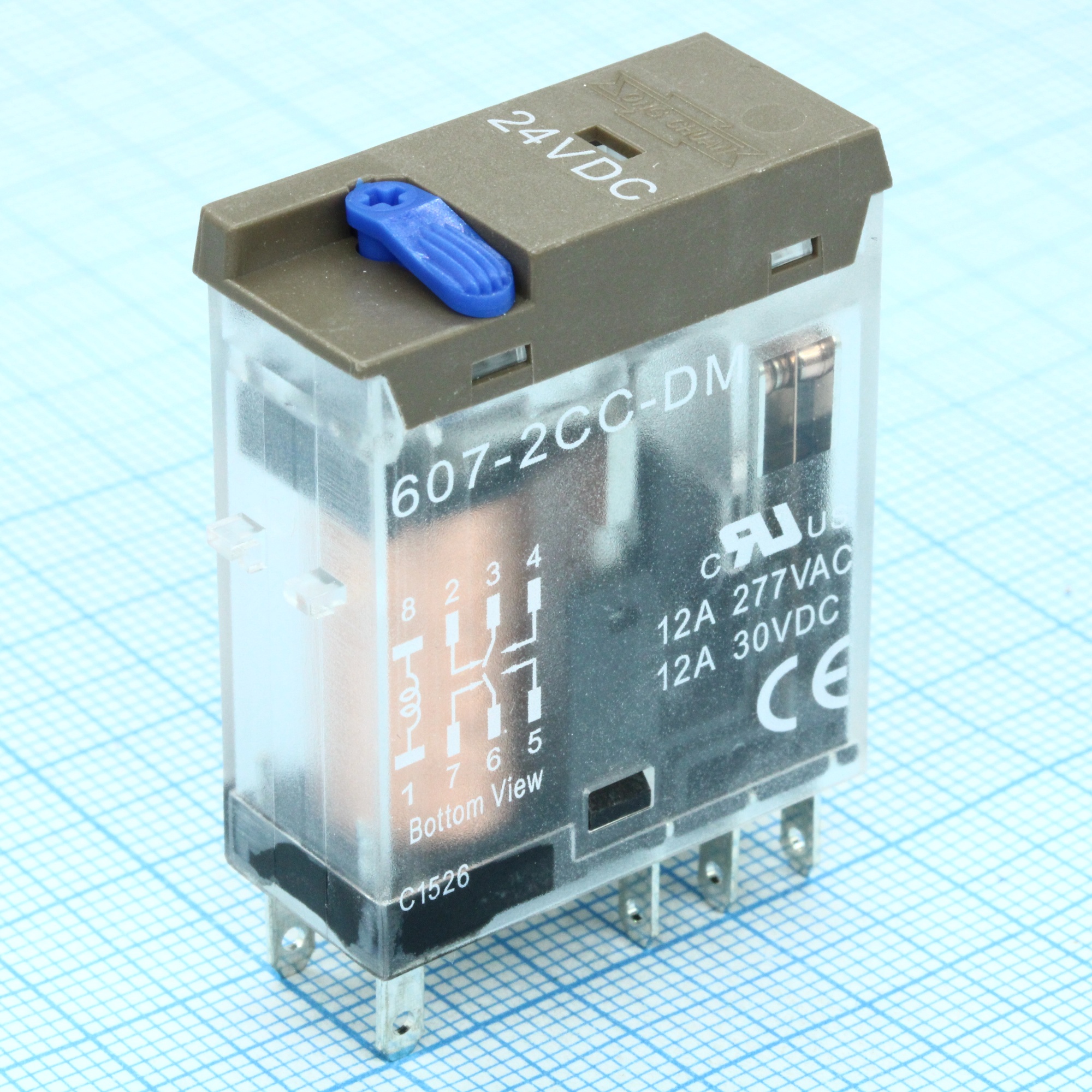 607-2CC-DM 24VDC - Реле в колодку. Упр.: 24VDC, Потр. мощн.: 0.53W. Тестовая кнопка. Комм.:10А 250VAC/30VDC, конт.: 2 перекидных, размер (LxWxH) мм: 28.7 х 12.5 х 34.5