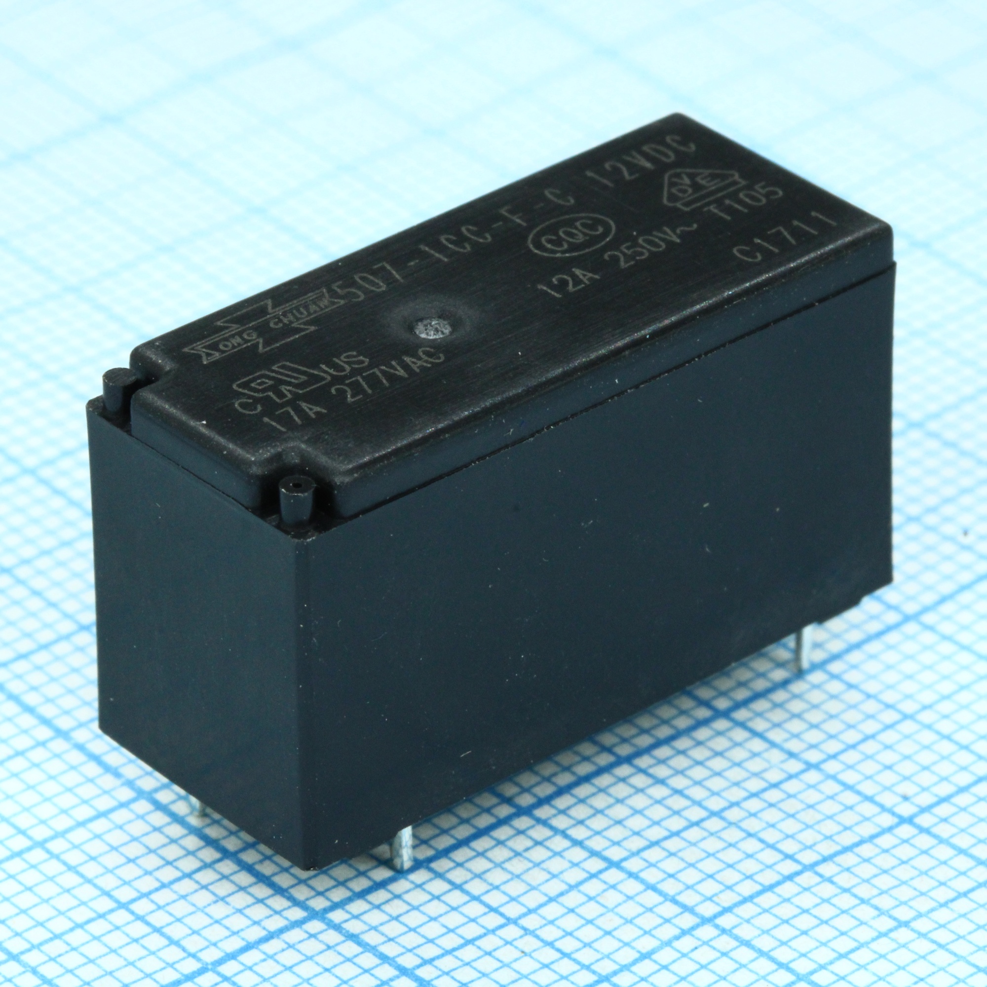 507-1CC-F-C 12VDC - Реле промежуточное катушка 12В, 0.53Вт контакты 12А 240В переменного тока, 1 перекидной, размер (LxWxH) мм: 29.0х12.5х15.7 мотнаж в отверстие