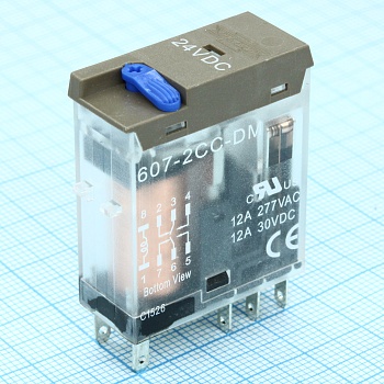 607-2CC-DM 24VDC - Реле в колодку. Упр.: 24VDC, Потр. мощн.: 0.53W. Тестовая кнопка. Комм.:10А 250VAC/30VDC, конт.: 2 перекидных, размер (LxWxH) мм: 28.7 х 12.5 х 34.5