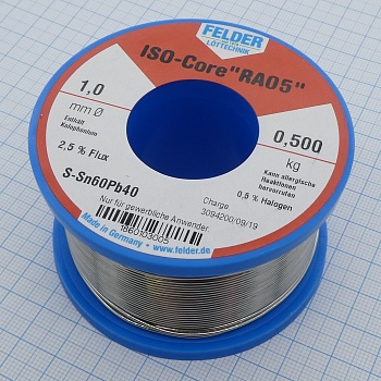Припой Sn60Pb40 RA05  1.0мм 500гр - Припой трубчатый оловянно-свинцовый ПОС61, 2.5% флюс RA05 активный с низким содержанием галогенов (ROM1)