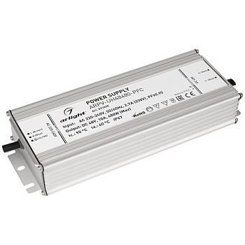 Блок питания ARPV-UH48480-PFC (48V, 10A, 480W) 031035 - Источник напряжения с гальванической развязкой для светодиодных изделий. Входное напряжение 220-240 VAC. Выходные параметры: 48 В, 10 А, 480 Вт. Встроенный PFC >0,95. Герметичный алюминиевый корпус I