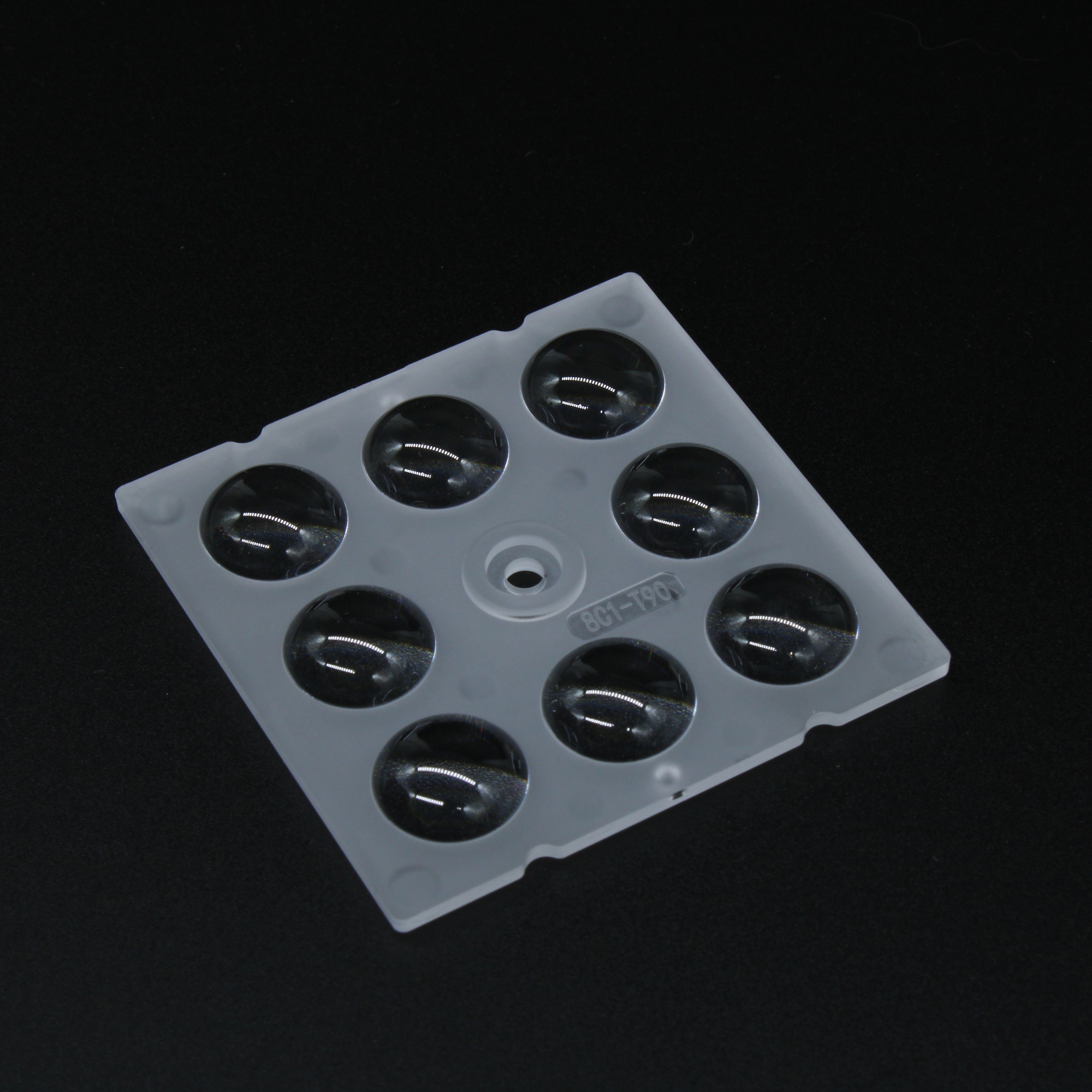 AJHB50D8LED90G - Групповая квадратная линза на 8 светодиодов 5050/3535/3030 , эфф=89%, ~90°,  50x50mm   H:6.2mm, PC