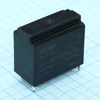 891P-1A-C 12VDC - Реле пайка в плату. Упр.: 12VDC, Потр. мощн.: 0.9W. Комм.: 25A 250VАC, конт.: 1 открытый, размер (LxWxH) мм: 30.0 х 16.0 х 26.8.