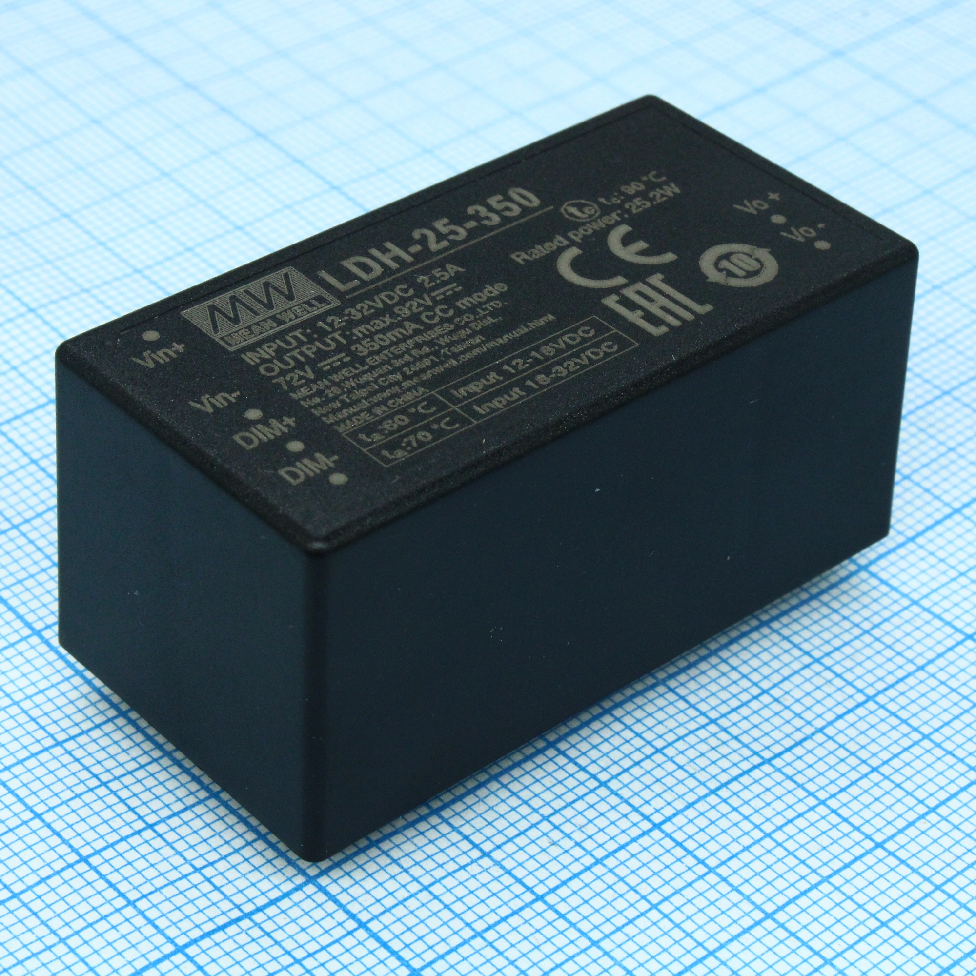 LDH-25-350 - DC/DC LED понижающий, вход 9.5…32В, выход 12.5…72В/0.35А, КПД до 95%, вход DIMM 2 in 1, 52.4x27.2x24мм, DIP, -40…70°C, пластик