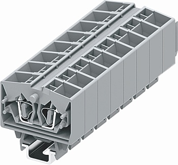 Клемма мини 254391 - Мини клемма, верхний подвод кабеля, 4 точки подключения в клемме, тип фиксации провода: пружинный, номинальное сечение: 2,5 мм кв., 24A, 800V, цвет: серый, тип монтажа: DIN15