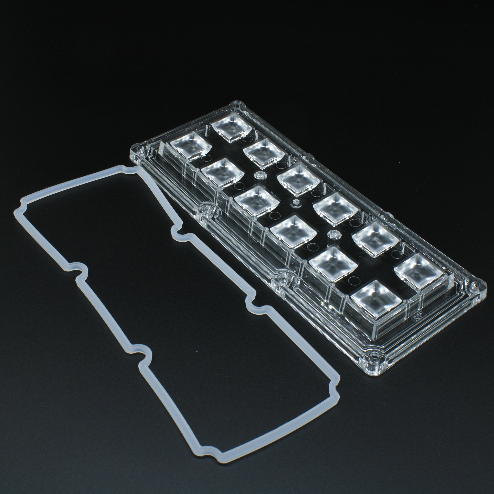 ALHB173D12LED60G-NEW - Групповая прямоугольная линза 2x6 на 12 светодиодов 3030/3535/5050, эфф=93%, 60°(квадрат), 173x71.4mm   H:7,95mm, PMMA, обновленная версия.