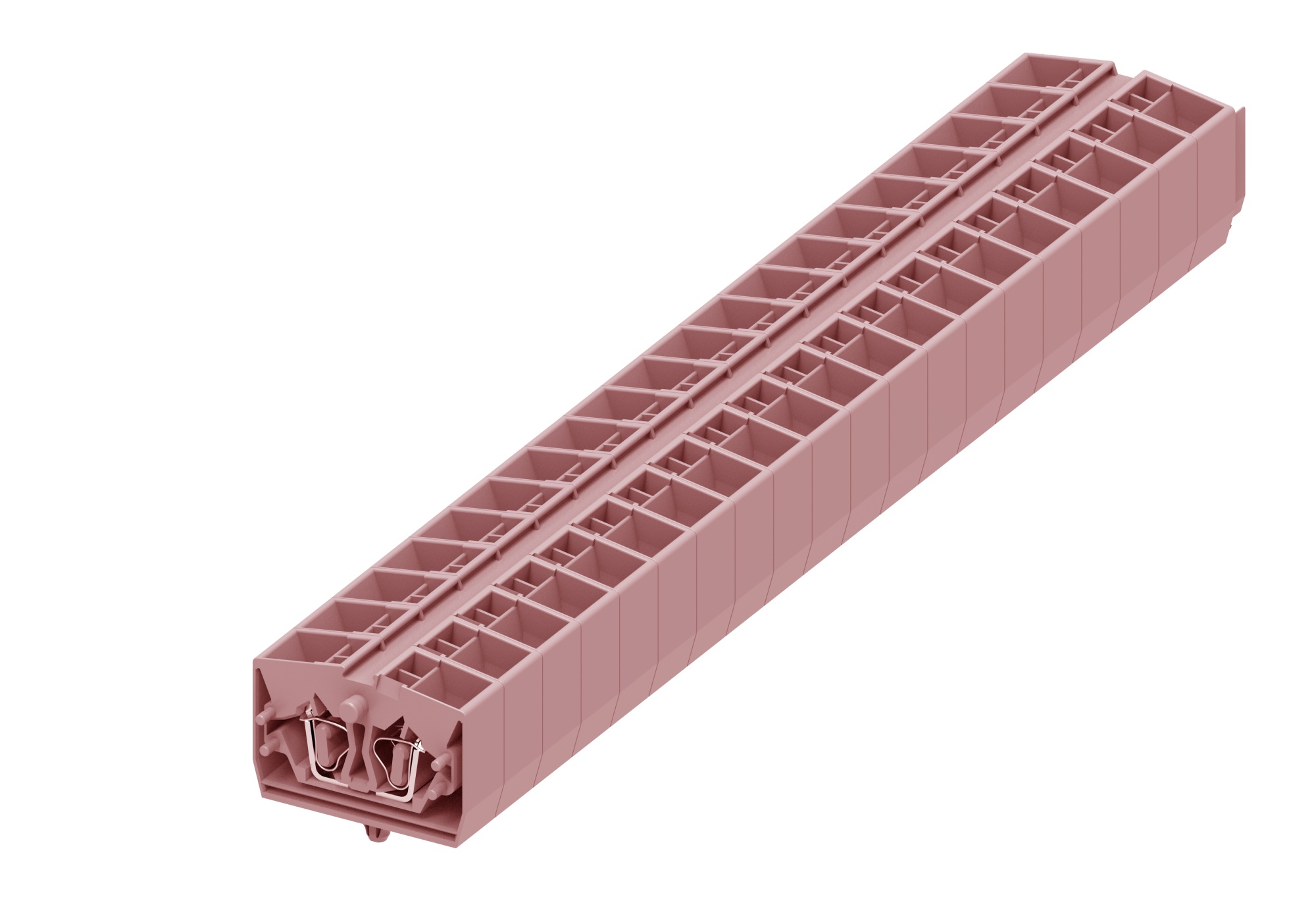 Клемма мини 254349 - Мини клемма, верхний подвод кабеля, 4 точки подключения в клемме, тип фиксации провода: пружинный, номинальное сечение: 2,5 мм кв., 24A, 800V, цвет: розовый, тип монтажа: защелки в панель