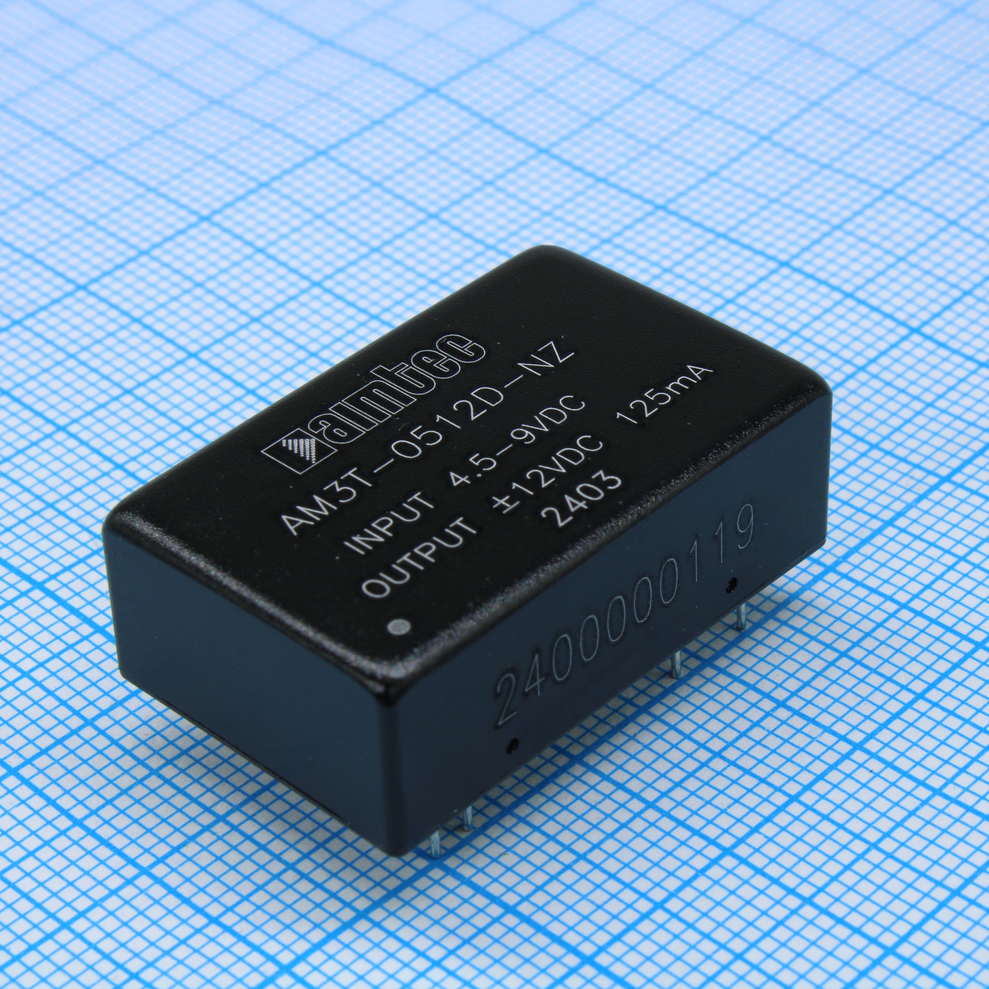 AM3T-0512D-NZ - DC/DC, 3Вт, вход 4.5…9В, выход ±12В/0.125А, изоляция 1500В DC, КПД 78%, максимальная емкостная нагрузка не более ±1800мкФ, DIP24, 32x20x10.8мм, -40…85°C, металл
