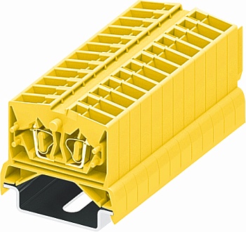 Клемма мини 254375 - Мини клемма, верхний подвод кабеля, 2 точки подключения в клемме, тип фиксации провода: пружинный, номинальное сечение: 2,5 мм кв., 24A, 800V, цвет: желтый, тип монтажа: DIN35
