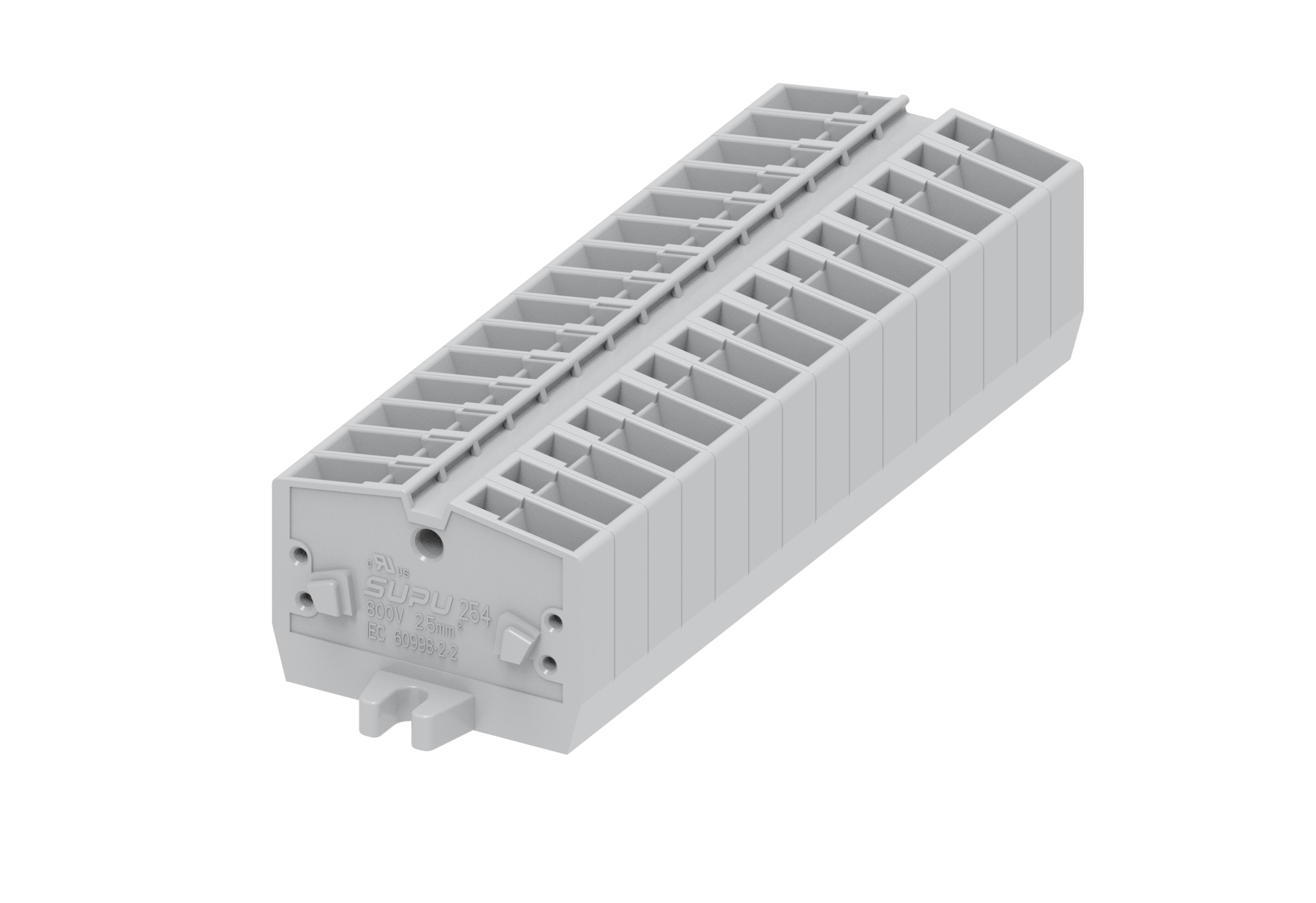 Клемма мини 254303 - Мини клемма, верхний подвод кабеля, 2 точки подключения в клемме, тип фиксации провода: пружинный, номинальное сечение: 2,5 мм кв., 24A, 800V, цвет: светло-серый, тип монтажа: монтажные фланцы
