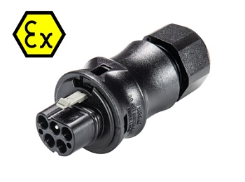 Разъем RST20I5SXS1 ZR1 V  SW - Взрывозащищенный вилочный разъем на кабель диам. 6-10 мм, IP68(69k), 5 полюсов, винтовая фиксация провода, номинальные характеристики: 250/400V, 20A, цвет: черный, серия RST Ex