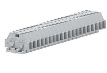 Клемма мини 241303 - Мини клемма, боковой подвод кабеля, 2 точки подключения в клемме, тип фиксации провода: пружинный, номинальное сечение: 2,5 мм кв., 24A, 500V, цвет: светло-серый, тип монтажа: монтажные фланцы