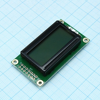 WH0802A-YGH-CT# - ЖКИ знакосинтезирующий 8 x 2, STN Серый Позитивный/прозрачно-отражающий светодиодная подсветка желто-зеленая размер 58x32 мм, видимая область 38х16 мм, питание 5В, -20...80°C, контактные площадки 2 ряда слева 14 выводов