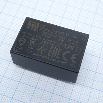 IRM-03-24 - AC-DC,3Вт, вход 85…305В AC 47...440 Гц, 120...370B DC, выход 24В/125мА, изоляция 3000В AC, в корпусе на плату 37х24х15мм, -30...+85°C, монтаж в отверстия