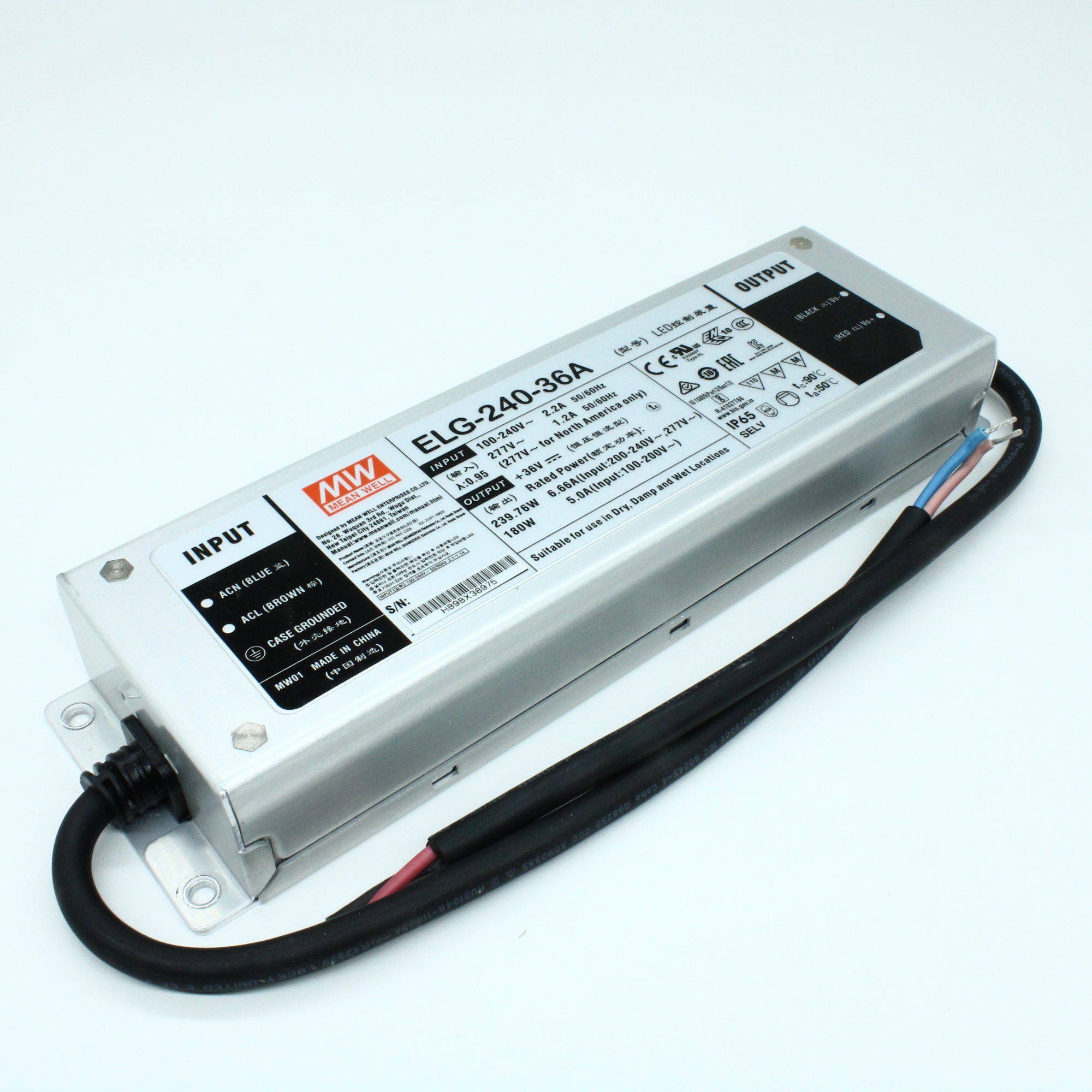 ELG-240-36A - AC-DC, 239.8Вт, IP65, вход 100…305В AC, 47…63Гц/142…431В DC, ККМ, выход 18...36В/6.66А, изоляция 3750В AC, в кожухе 244х71х37.5мм, -40…+85°С (корпус), потенциометры, провод заземления