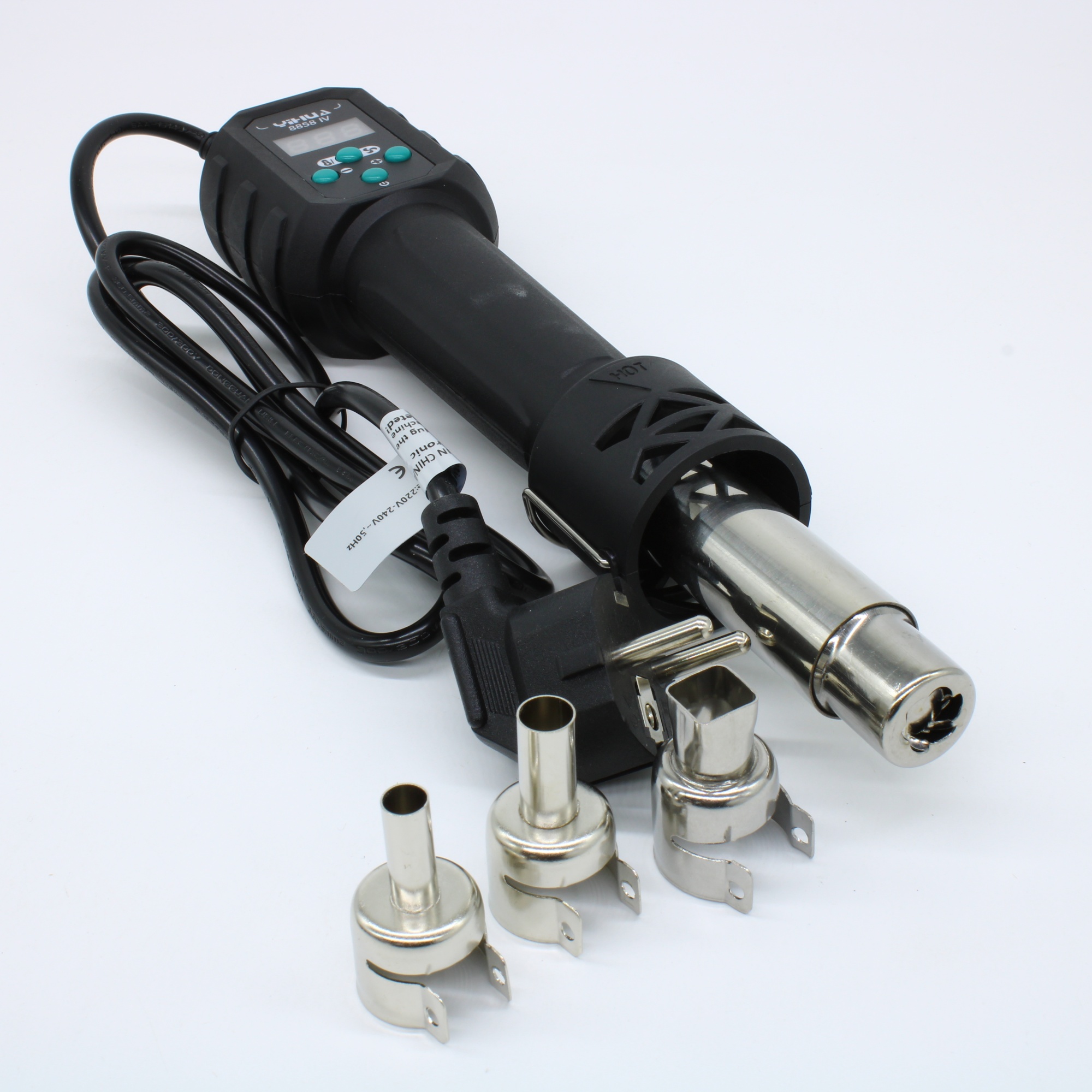 YIHUA 8858-IV - Компактный паяльный фен 700Вт с цифровым управлением, в комплекте есть набор насадок