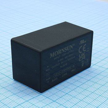 LD10-23B05R2-M - AC-DC, 10Вт, вход 85…305В AC 47…63 Гц, 100…430B DC, выход 5В/2А, изоляция 4000В AC, КПД 85%, в корпусе на плату 47.6х26.8х23.5мм, -40...+85°C