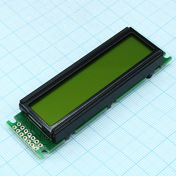 WH1602O-YYH-CTK# - ЖКИ знакосинтезирующий 16 x 2, STN Желто-зеленый Позитивный/прозрачно-отражающий светодиодная подсветка желто-зеленая размеры 85х25 мм, видимая область 66х16 мм, питание 5В, -20...70°C, контактные площадки справа 2 ряда 14 выводов