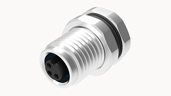 Розеточный разъем SD-M5A-04P-FF-SF7002 - Розеточный разъем в панель, 4 полюса, M5 гайка спереди, фиксация провода пайкой, A-Code, 1A, 60V, M5*0.5, металл