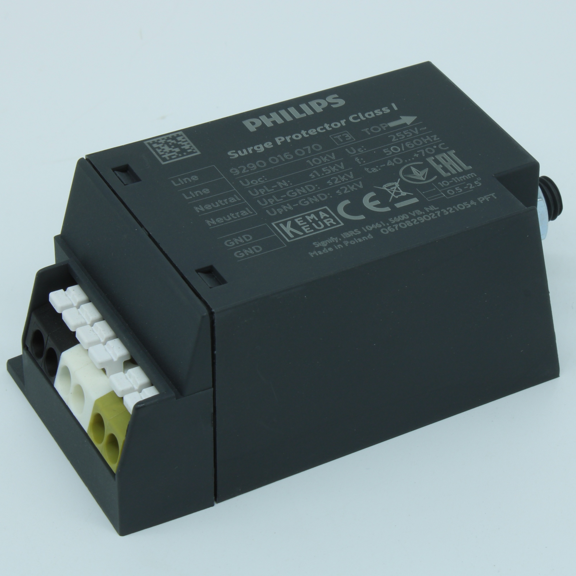 SURGE PROTECTOR CLASS-I - Устройство защиты от импульсных помех, рабочее напряжение 230В AC, 50/60Гц, макс. непрерывное рабочее напряжение 255 В AC, макс. имп. ток 10 кА, уровень напряжения защиты 1500 В, в корпусе 90x45x37.5мм, -40…+70°С, Class I